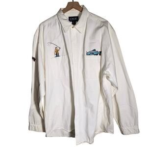 VINTAGE HONORS embroidered fly fishing gathers day gift oversized button down 2X